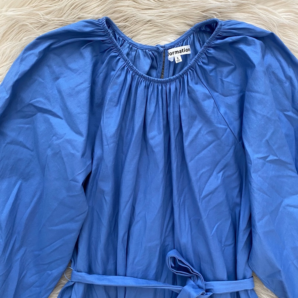Reformation Blue Dusk Puff Long Sleeve Organic Cotton Belted Waist Rennae Dress - Picture 3 of 13